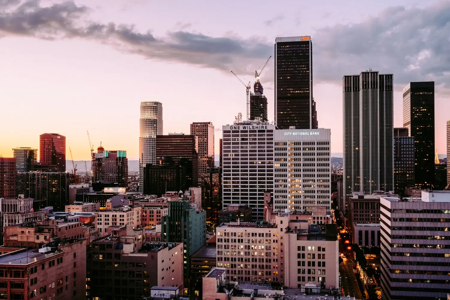 Downtown Los Angeles beneath an evening sky